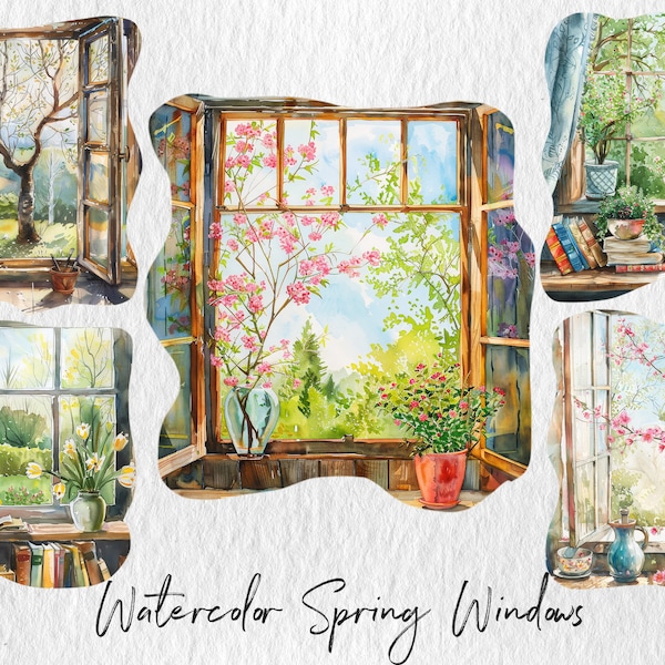 Transform your projects into idyllic spring havens with Watercolor Spring Window View clipart, perfect for adding a touch of natural beauty