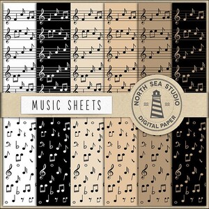 May include: Digital paper pack with six sheets featuring a music note pattern. The sheets are in black and white, beige, and brown. The text "MUSIC SHEETS" is printed on a brown label. A round label with the text "NORTH SEA STUDIO DIGITAL PAPER" is also included.