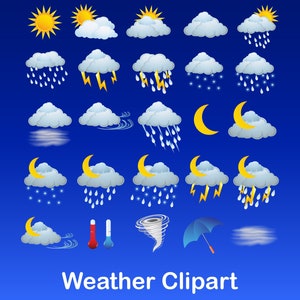 Weather clipart, weather graphics, weather vector icons pack, sun, moon, rain, snow, clouds, teacher clipart