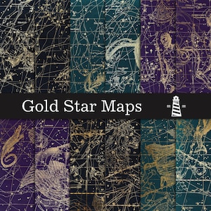 Gouden kaarten digitaal papier, gouden sterkaart achtergronden, astronomiepapier, sterkaartpatronen, gouden antieke sterrenkaartpapieren