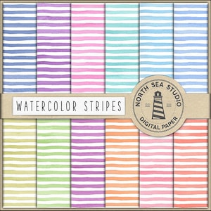 May include: A set of 12 digital papers featuring watercolor stripes in various pastel colors. The papers are perfect for scrapbooking, card making, and other craft projects.  "North Sea Studio Digital Paper" is printed on the image.