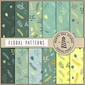 Flower power, floral digital paper, plant backgrounds, hand drawn patterns, for scrapbooking, invitations, planners, wedding