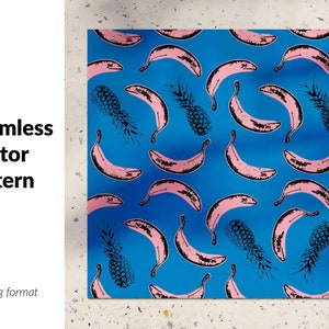 Exotisches obst digitales Papier, Vektor Hintergrund mit abstrakten Bananen und Ananas, Verpackungsdesign, nahtloses Muster, kommerzielle Nutzung