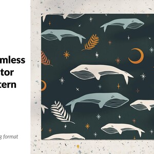 May include: Seamless vector pattern featuring whales, stars and crescent moons on a dark blue background. The pattern is perfect for fabric, wallpaper or wrapping paper.