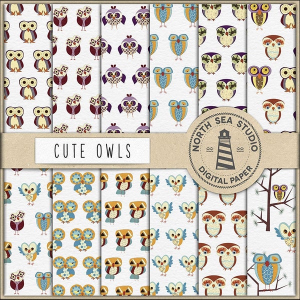 Owls digital paper, owl pattern, scrapbook prints, to use in scrapbooking, card making, invites, instant download