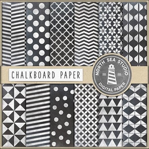 Papier numérique au tableau noir, vrais papiers au tableau, motifs au tableau, polkadots, chevron, rayures, triangles, texture du tableau