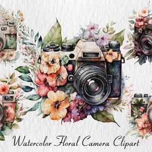 Watercolor camera clipart, aquarelle vintage cameras, floral shabby png images, transparent background, commercial use