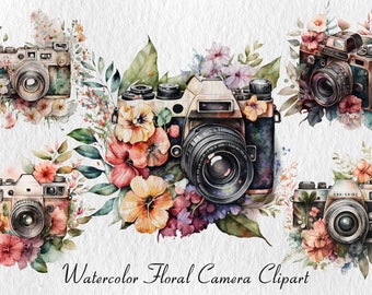 May include: Five watercolor illustrations of vintage cameras with floral arrangements. The cameras are all different styles and have a vintage look. The flowers are in shades of pink, yellow, and blue.