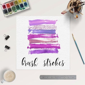 Brush art, purple brush strokes on transparent background, violet paint brush stains and strokes, digital design resources