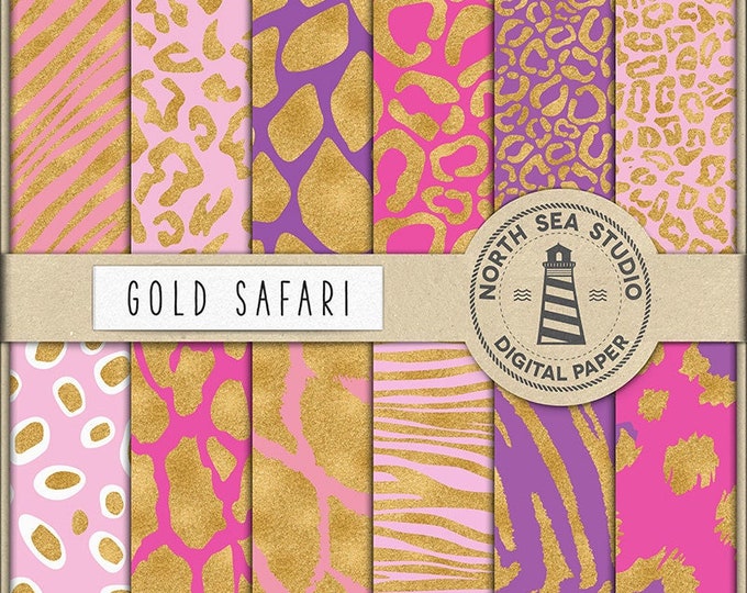 Gold Glitter Safari Digital Paper, Seamless Animal Print Patterns ...