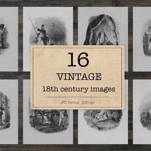 May include: A collection of 16 vintage black and white illustrations from the 18th century. The images depict various scenes, including people in historical clothing, a man on horseback, and a man sitting at a table.
