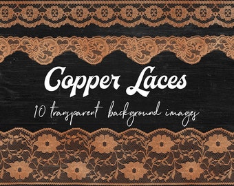 Copper lace borders, shiny laces, floral lace borders, wedding borders, high resolution scans of real laces, copper lace overlays