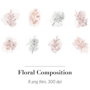 May include: Set of eight watercolor and line art floral illustrations. Each illustration features a different type of leaf or branch in shades of pink, brown, and gray.