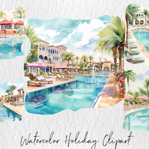 Watercolor hotel clipart, pool scenes, summer, vacation, resort, cabana, beach, hotel, png images, transparent background, commercial use