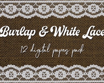 Carta digitale in pizzo bianco e tela, pizzi e sfondi in tela naturale, 12 carte decorative, carta digitale con lacci bianchi