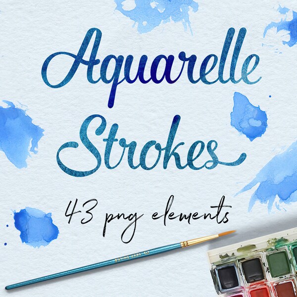 Aquarelle Smear Clipart, Blue Aquarelle Smears, Watercolor Stains, Graphic Design, Scrapbook, Invitations, 43 PNG Elements