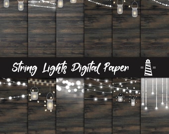 String lights digital paper, mason jar & fairy lights backgrounds, hanging strings, wood backgrounds, wedding invitations