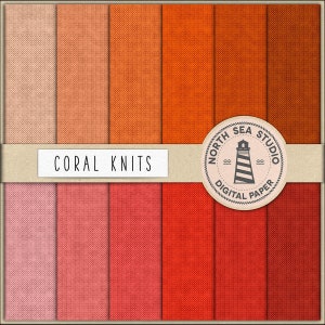 Knitted digital paper, seamless patterns, knit papers in coral shades, knitted background, knit textured paper, coral cotton