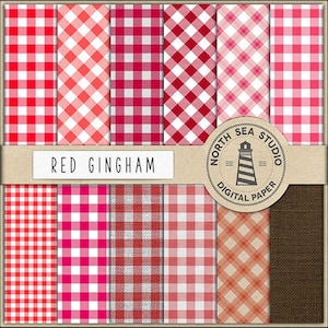 Op de afbeelding: Een set van 10 digitale papierpatronen met rode en witte ruitjesontwerpen. De patronen omvatten verschillende maten en stijlen ruitjes, waaronder een textuurruitjespatroon. De tekst "RED GINGHAM" wordt weergegeven op de afbeelding. De afbeelding bevat ook een logo voor "North Sea Studio Digital Paper".