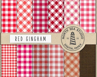 Strawberry fields | red Gingham paper | digital paper pack | printable backgrounds | 12 jpg, 300dpi files