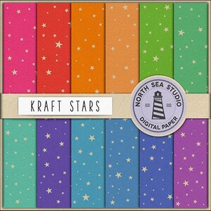 May include: A collection of colorful digital paper sheets with a star pattern. The sheets are in shades of pink, red, orange, green, teal, purple, and blue. The text "KRAFT STARS" is displayed on a white rectangle. A round sticker with a lighthouse is also visible.