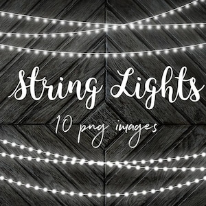 Puede incluir: Luces blancas de cadena colgadas sobre un fondo de madera oscura. El texto "String Lights" y "10 png images" está escrito en blanco sobre la madera.