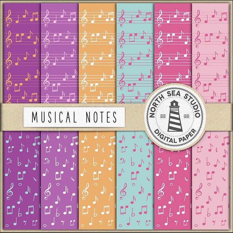 Musical Notes Paper, Digital Paper, Colorful Music Paper, Music Sheets ...