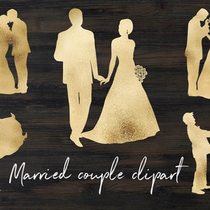 Clipart del día de la boda, imágenes de pareja casada de oro, pareja de bodas, clipart dividido de novia y novio, imágenes de matrimonio de oro