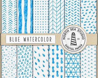 Könnte beinhalten: Ein Set mit 10 digitalen Papiermustern mit blauen Aquarelldesigns auf weißem Hintergrund. Die Muster umfassen Punkte, Streifen, Dreiecke, Pfeile und mehr. Der Text "BLUE WATERCOLOR" und "NORTH SEA STUDIO DIGITAL PAPER" ist im Bild enthalten.