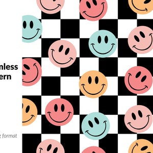Groovy Happy Faces Seamless Pattern, Checkered Background With Smile Faces, Retro Background, Printable Digital Paper