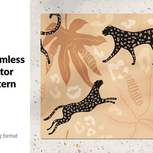 May include: A seamless vector pattern featuring black leopards with gold spots on a light brown background with abstract brown leaf shapes.
