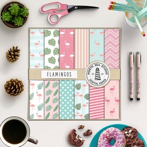 Flamingo ballet, digital paper, pink flamingo patterns, pink birds and palm leaves, project life, commercial use