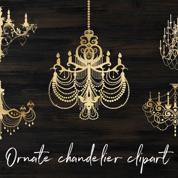 Gold chandelier clipart, ornate antique candelabrum, hanging chandelier clip art, instant download for commercial use