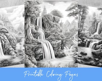 Fantasy waterfall coloring pages, grayscale coloring page, forest river, fantasy landscape, adults & kids, size 8,5 x 11, printable PDF