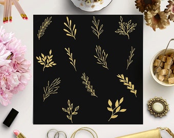 Gold glitter Plants clip art, hand drawn plants, flowers and leaves, floral ornaments clip art