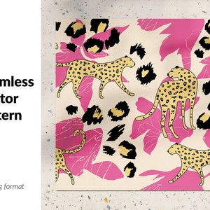 May include: A seamless vector pattern featuring pink and white floral designs, black and gold leopard spots, and gold leopards.