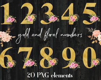 Può includere: Numeri dorati da 1 a 0 con decorazioni floreali. I numeri sono su uno sfondo di legno nero. Il testo "gold and floral numbers" e "20 PNG elements" è incluso anche nell'immagine.