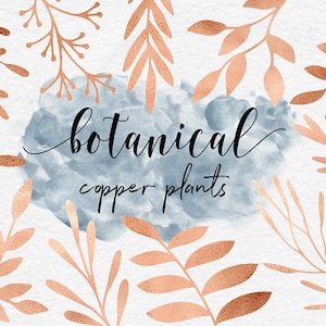 May include: A watercolour design with copper-coloured botanical illustrations of leaves and branches. The words "botanical copper plants" are written in elegant script over a blue watercolour wash, set against a textured white background.