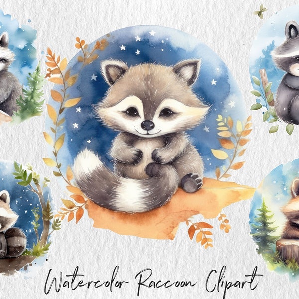 Watercolor sweet, lovely and happy raccoon baby dreaming, forest, moon, stars, sleepy raccoon, cute scene, raccoon portrait, commercial use