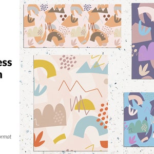 May include: A set of four seamless patterns featuring abstract shapes in various colors, including pink, blue, yellow, and brown. The patterns are perfect for creating backgrounds, wrapping paper, or fabric designs.