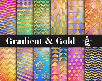 Papel digital de oro, degradados coloridos con patrones de lámina de oro, para proyectos de scrapbooking, fondos multicolores, uso comercial
