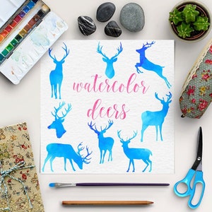 Blue watercolor reindeer clipart, stag clip art, 8 png images, deer clipart, watercolor images,  instant download