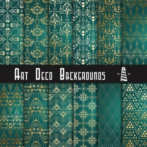 May include: Set of eight digital paper patterns in an Art Deco style. The patterns feature geometric shapes in gold and teal.