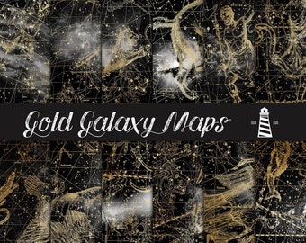 Pode incluir: Um mapa de constelações vintage preto e dourado com o texto "Gold Galaxy Maps" em letras cursivas brancas. O mapa apresenta um ícone de farol com listras pretas e brancas.