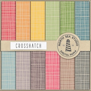 May include: A set of 12 digital paper patterns featuring a crosshatch design in various colors, including red, orange, yellow, green, blue, gray, and brown. The patterns are labeled "CROSSHATCH" and are from "NORTH SEA STUDIO DIGITAL PAPER".