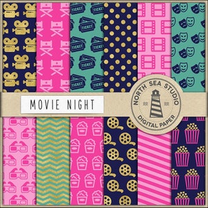 May include: A set of 10 digital papers featuring movie night themed patterns. The patterns include popcorn, film reels, 3D glasses, movie tickets, and director's chairs. The papers are in pink, blue, green, and gold.