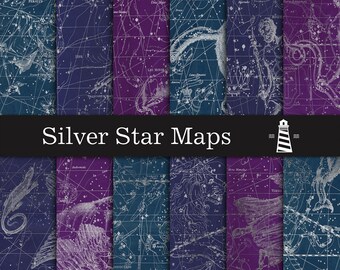 Pode incluir: Um conjunto de oito mapas estelares vintage com constelações prateadas sobre um fundo azul e roxo. Os mapas são etiquetados com os nomes das constelações. O texto "Silver Star Maps" está impresso na parte inferior da imagem.