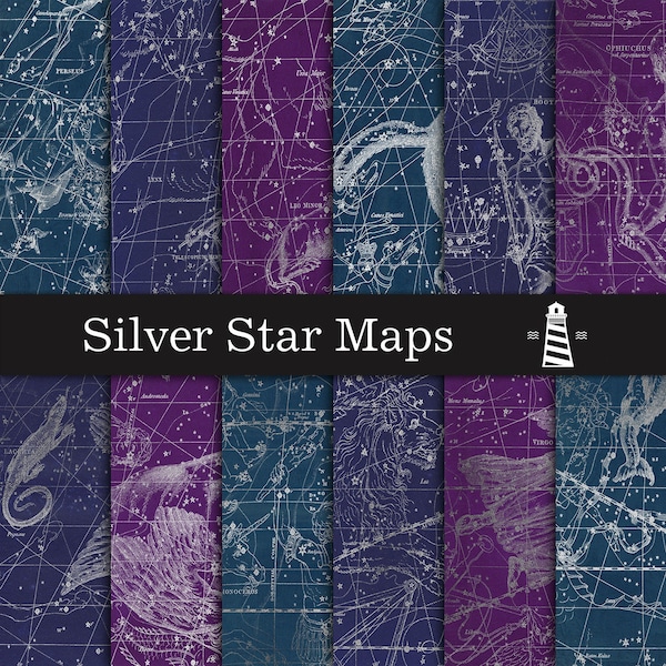 Silver star map backgrounds, silver maps digital paper, astronomy papers, star map patterns, silver antique star map papers