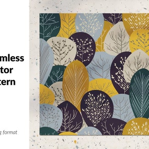 Puede incluir: Un patrón vectorial sin costuras que presenta árboles abstractos con hojas amarillas, azules, verdes y moradas. El patrón es perfecto para usar en telas, papel tapiz u otros proyectos de diseño.
