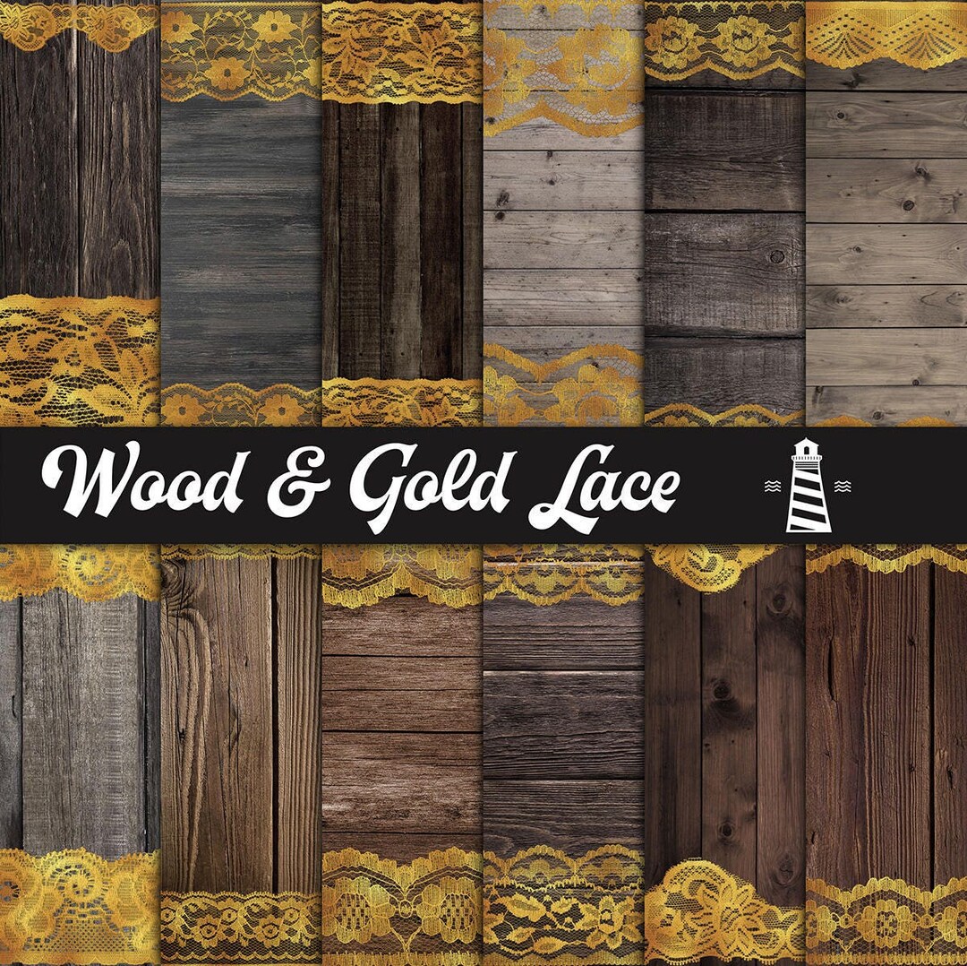 Gold Laces and Rustic Wood Digital Paper, Lace Borders & Rustic Wood ...